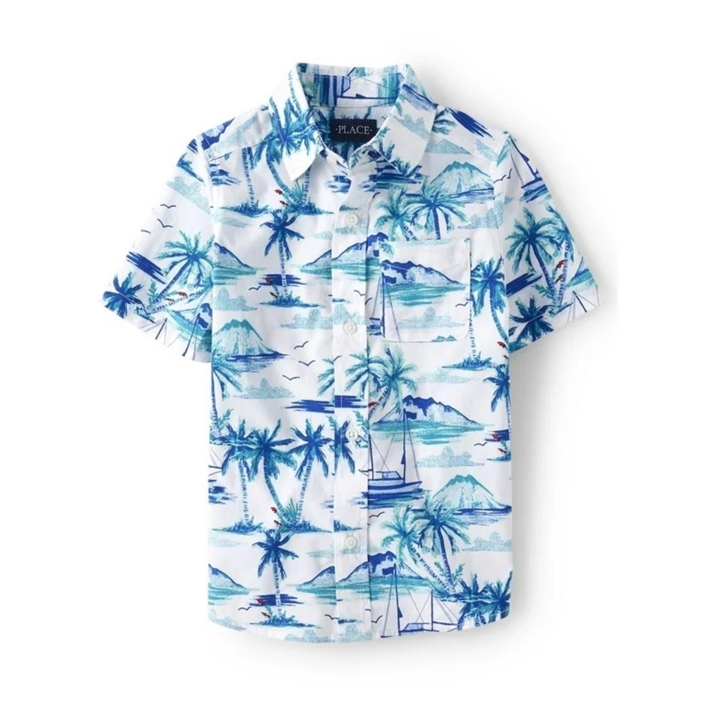 Children's Place | Boys Blue and White Tropical Casual Button Down Shirt